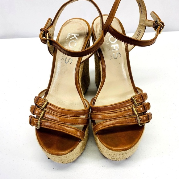 Michael Kors Shoes - Michael Kors Leather Straw Strappy Wedges Size 7.5